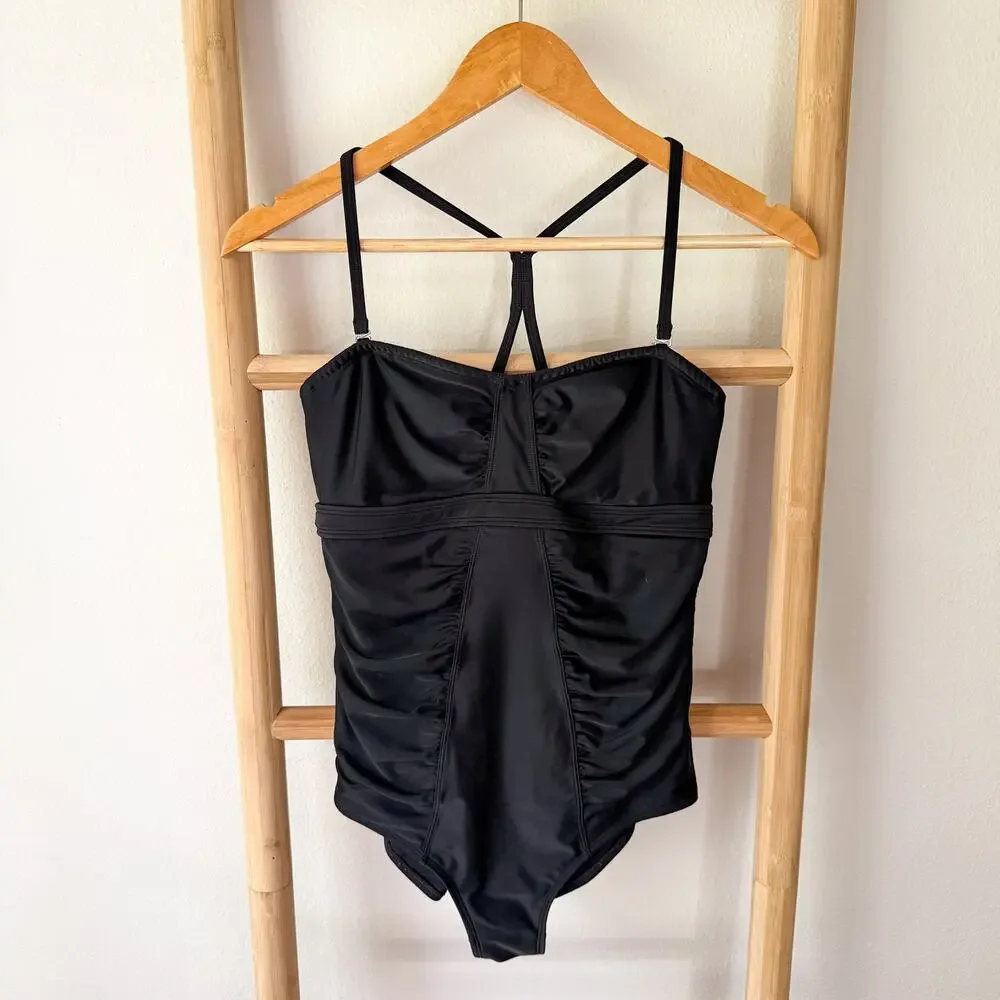 Athleta Black Ruched One Piece Swimsuit Open Back Bandeau 34 B/C